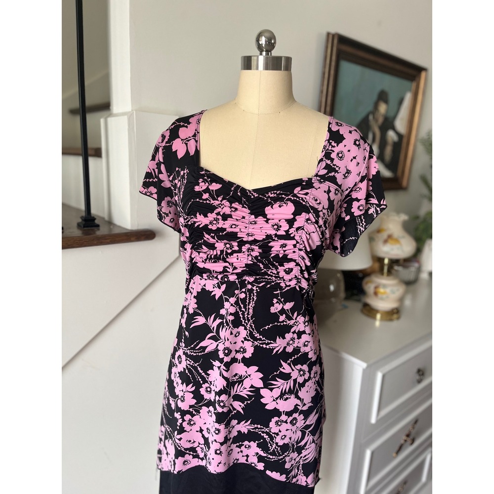 Y2K Floral Ruched Babydoll Top Black Pink Cottagecore Fairy Grunge‎ Sz XL? Shirt